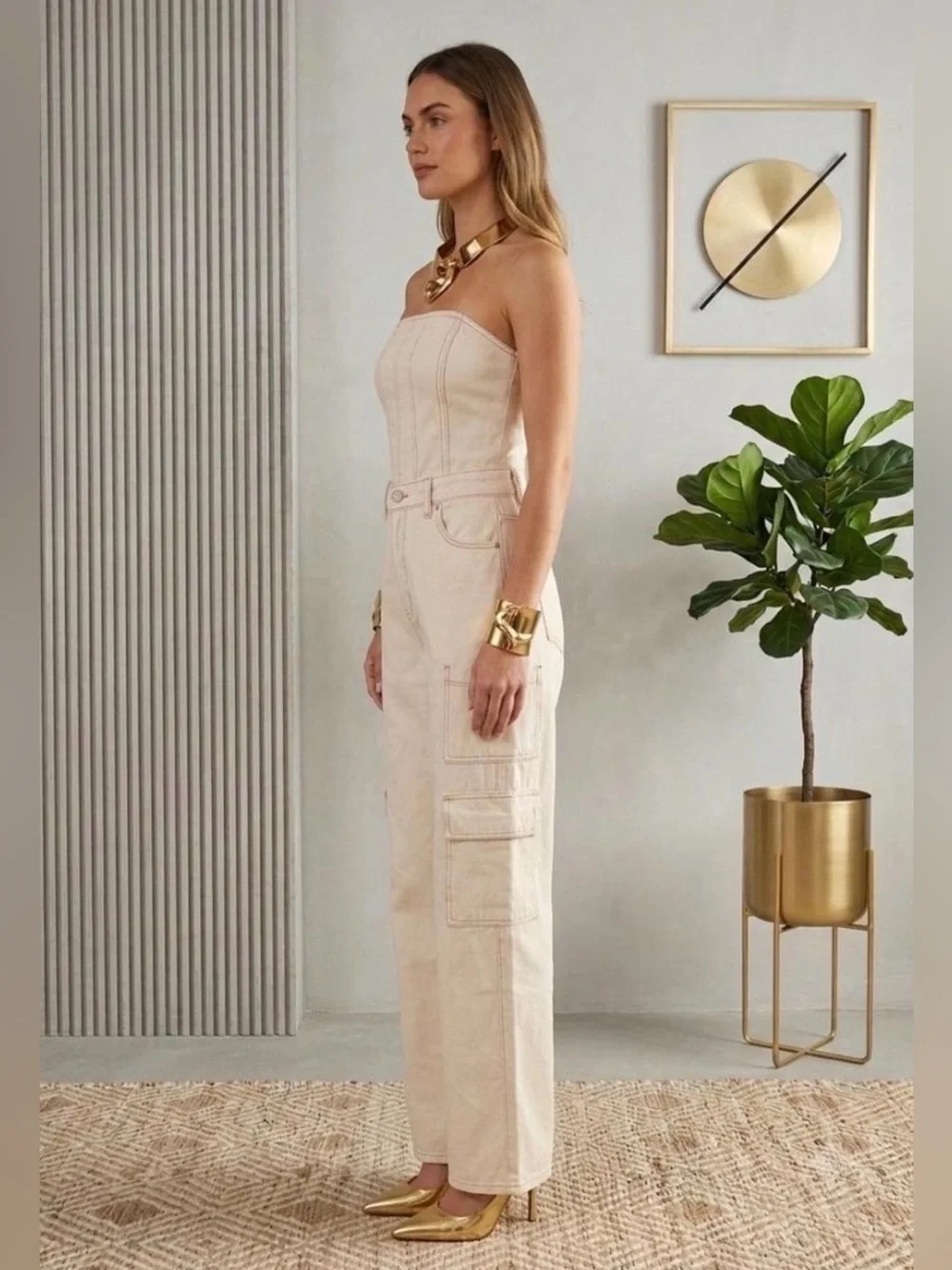 Wild Fable Women's Tube Cargo Cream Denim Jumpsuit